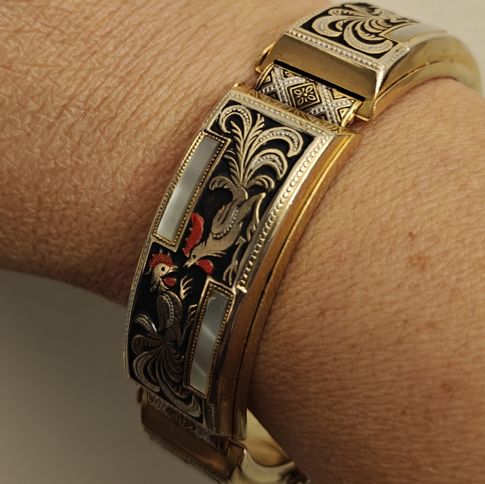 Vintage Damascene Spain Black Enamel Over Gold Bracelet Abalone Inlay & Rooster